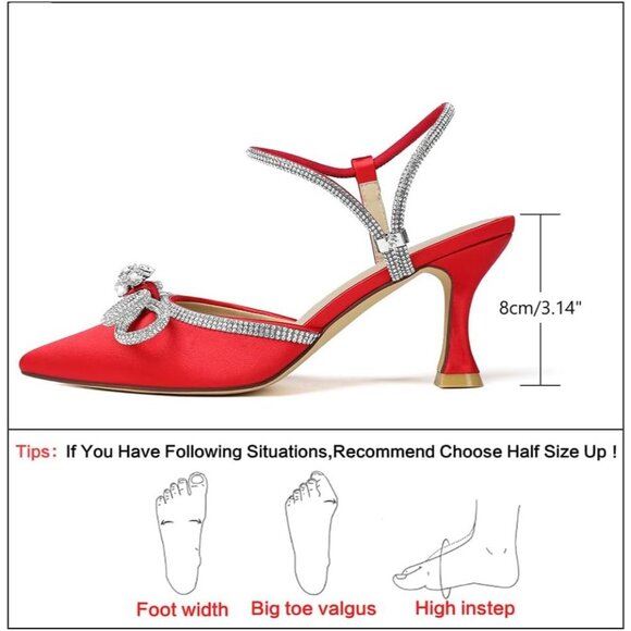Women's Rhinstone Red Adjustable Strap Bow Closed Toe Pumps Heeled Shoes - Picture 2 of 9